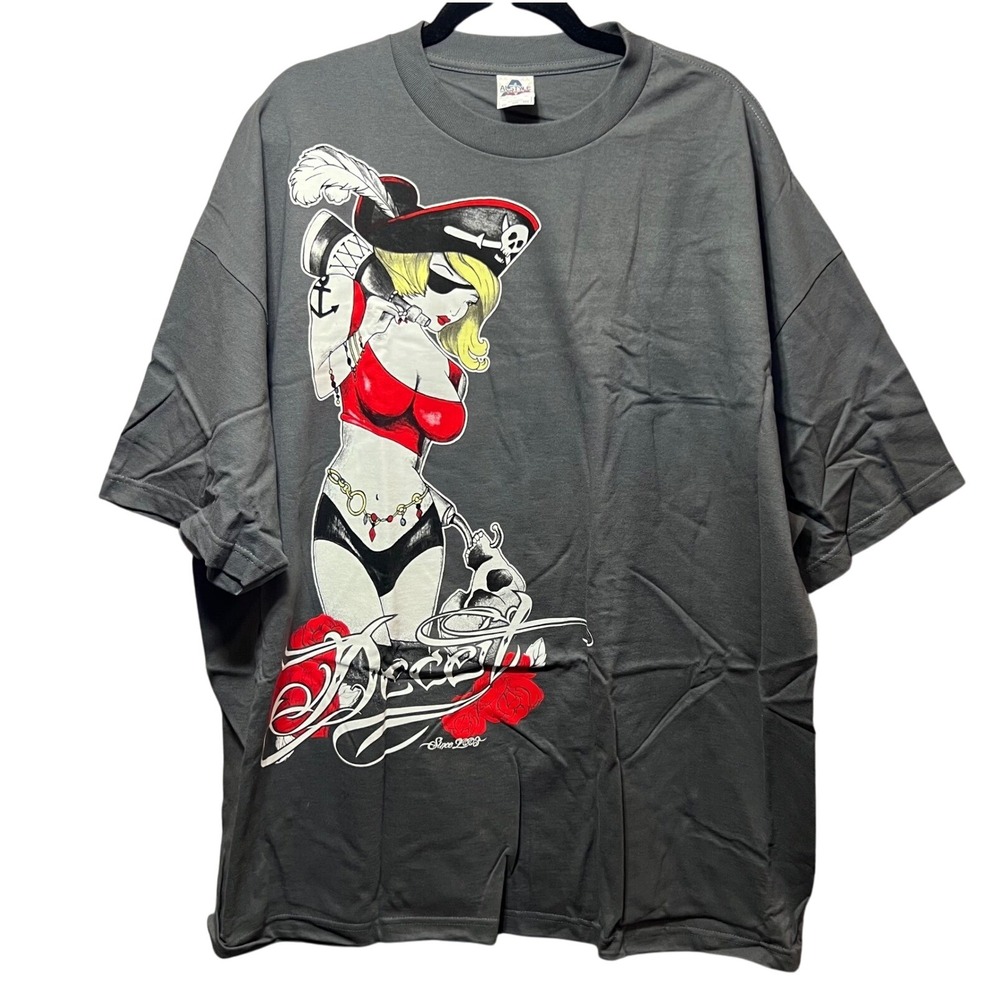 Y2K Pirate Girl Graphic T-Shirt Gray‎ "Deceit" 3XL  Tattoo Streetwear Alt Vibes